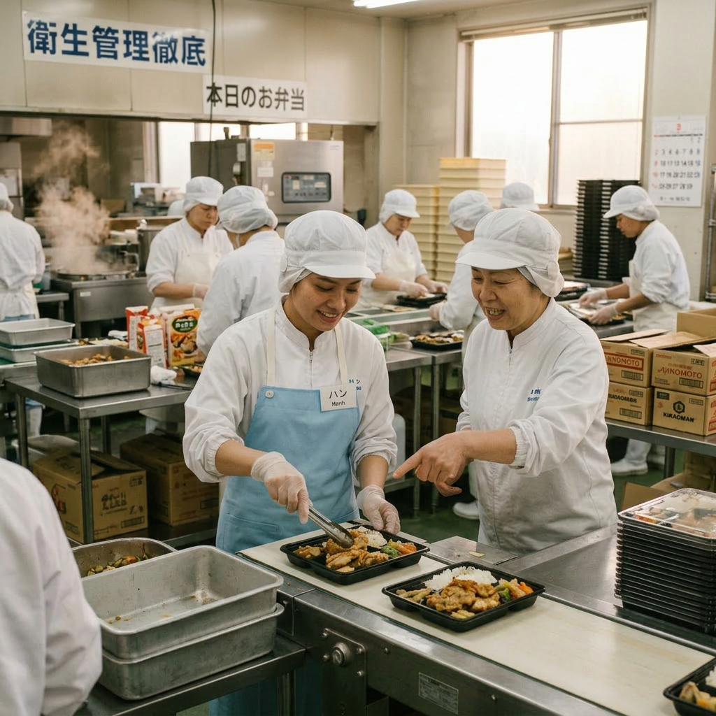 Workers in white uniforms and caps assembling bento meals on a production line in a kitchen